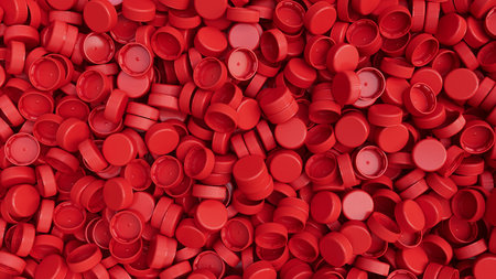 Top view on a pile of red plastic bottle caps. Plastic industry product. Garbage reuse. 3d render illustrationの写真素材