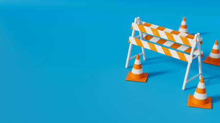 Orange Traffic cones and barrier isolated on blue background. Safety warning or under construction symbol. 3d render illustrationの写真素材