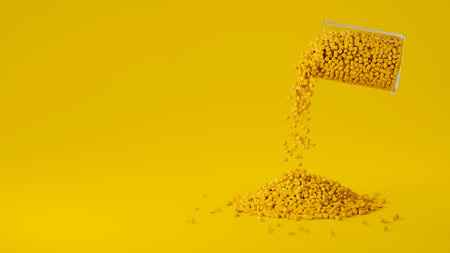Yellow plastic polypropylene granules pouring from the glass on a yellow backdrop, masterbatch polymer grain pile. HDPE or PVC resin pellets. Place for text. 3d render illustrationの写真素材
