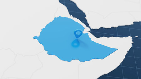 Blue Ethiopia 3d map with pointer pin surrounded with other countries in white. Europe political map with borders. 3d render illustrationの写真素材