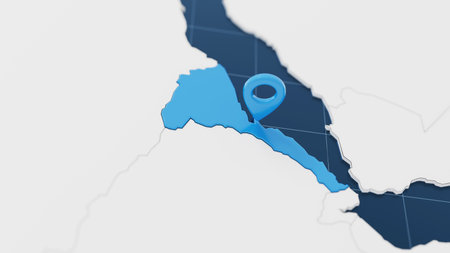 Blue Eritrea 3d map with pointer pin surrounded with other countries in white. Europe political map with borders. 3d render illustrationの写真素材