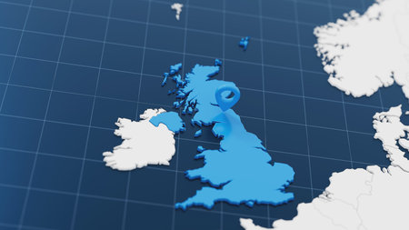 Blue UK 3d map with pointer pin surrounded with other countries in white. United Kingdom. Europe political map with borders. 3d render illustrationの写真素材