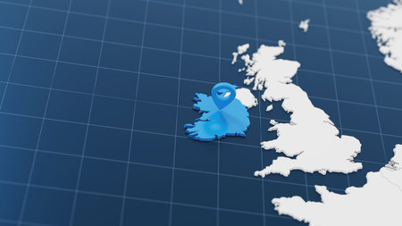 Blue Ireland 3d map with pointer pin surrounded with other countries in white. Europe political map with borders. 3d render illustrationの写真素材