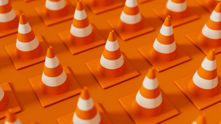 Top view on grid of Orange Traffic cone isolated on orange background. Safety warning or under construction symbol. 3d render illustrationの写真素材