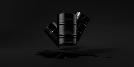 Three black metal oil barrels fly over spilled puddle of crude oil on black background. Black oil pond. Industry concept. 3d render illustrationの写真素材