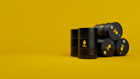 Black metal oil barrels on yellow background. Front view. Oil industry concept. 3d render illustrationの写真素材