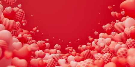 Valentines day background with many red textured flying hearts with blur effect. Romantic love backdrop. 3d Redner illustrationの写真素材