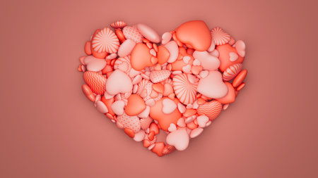 Many pink textured hearts in form of a big heart on light red backdrop. Valentine day background. 3d render illustrationの写真素材