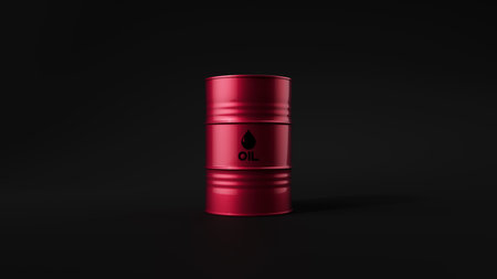 Single red metal oil barrel on black background. Front view. Oil industry concept. 3d render illustrationの写真素材