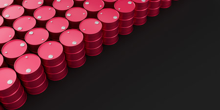 Top view on rows of red metal oil barrels on black background with place for text on right. Oil industry concept. 3d render illustrationの写真素材