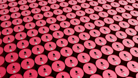 Top view on grid of red metal oil barrels. Many fuel tanks. Oil industry concept. 3d render illustrationの写真素材