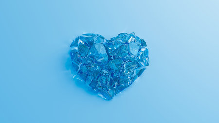 A blue shuttered glass heart on a blue background. Cracked glass as symbol of broken heart. Break up, divorce concept. 3d render illustrationの写真素材