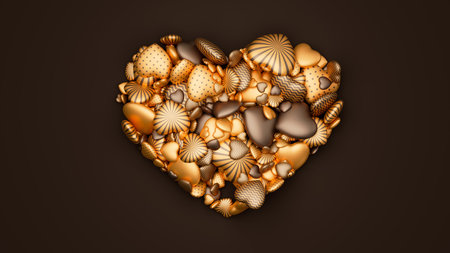 Many golden and chocolate textured hearts in form of a big heart on dark backdrop. Valentine day...