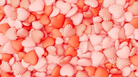 Light red textured hearts background for Valentines Day. Pile of hearts. Romantic backdrop. 3d...