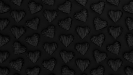 Black sawtooth hearts arranged on a black background. Valentine's day romantic backdrop. 3d render illustrationの写真素材