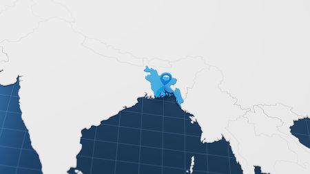 Blue Bangladesh 3d map with pointer pin surrounded with other countries in white. Political map with borders. 3d render illustrationの写真素材