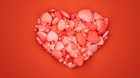 Many red textured hearts in form of a big heart on red backdrop. Valentine day background. 3d render illustrationの写真素材