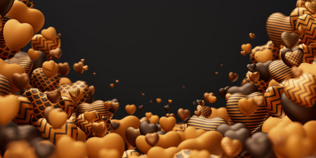 Valentines day background with many golden textured flying hearts with blur effect. Romantic love...