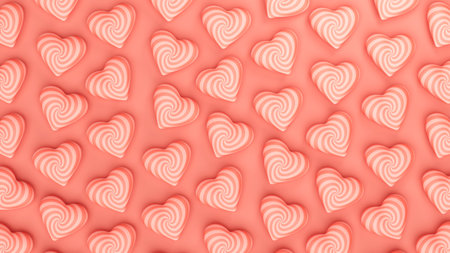 Coral pink spiral hearts arranged on a coral background. Valentines day romantic backdrop. 3d render...