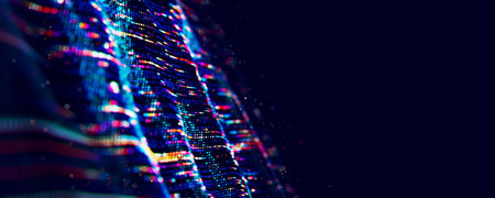 Abstract Big data digital stream waves. Information flow concept. LLM learning process, AI...
