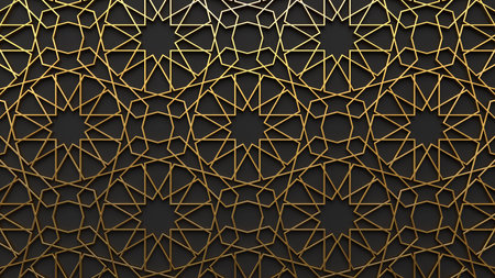 Background with traditional eastern islamic geometric golden ornament on black. Ramadan backdrop. 3d...