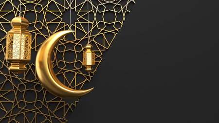 Golden Ramadan candle lanterns and moon are hanging on black background with islamic ornament. 3d render illustrationの写真素材