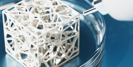 Closeup on bioprinted bone sample in petri dish. Innovation in transplantology medicine technology....