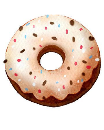 Watercolor illustration of a donut with colorful toppings.の写真素材