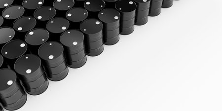 Top view on rows of black metal oil barrels on white background with place for text on right. Oil industry concept. 3d render illustrationの写真素材