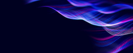 Abstract wave of particles. Big data digital flow concept. LLM learning process, AI technology....