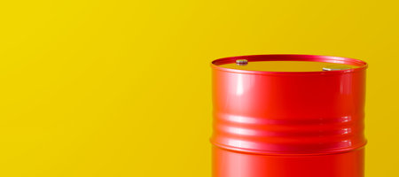 Closeup of red metal oil barrel top on yellow background. Front view. Oil industry concept. 3d render illustrationの写真素材