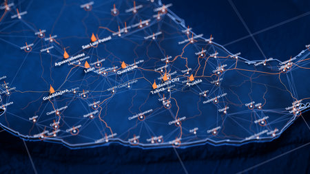 Toluca map big data visualization. Futuristic map infographic of city in Mexico. Visual map data complexity in modern blue and orange colorsの写真素材