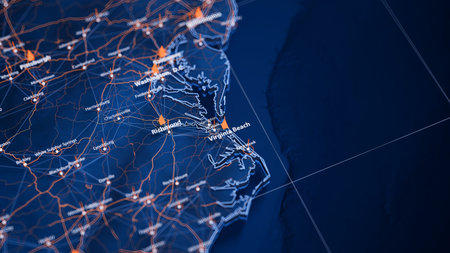 Virginia Beach map big data visualization. Futuristic map infographic of city in USA. Visual map...