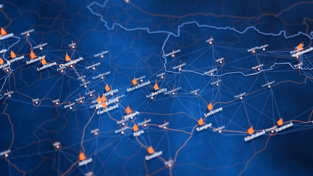 Bareilly map big data visualization. Futuristic map infographic of city in India. Visual map data complexity in modern blue and orange colorsの写真素材