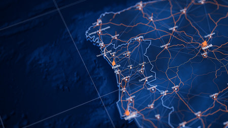 Porto map big data visualization. Futuristic map infographic of city in Portugal. Visual map data complexity in modern blue and orange colorsの写真素材