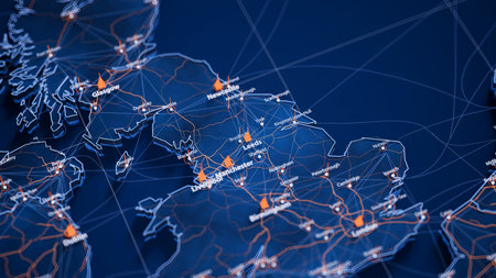Leeds map big data visualization. Futuristic map infographic of city in England. Visual map data complexity in modern blue and orange colorsの写真素材