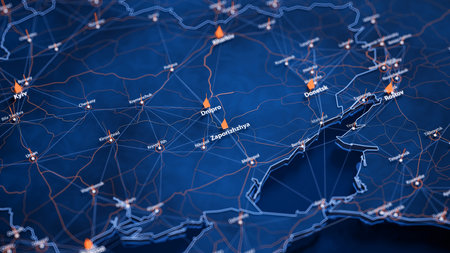 Zaporizhzhya map big data visualization. Futuristic map infographic of city in Ukraine. Visual map data complexity in modern blue and orange colorsの写真素材