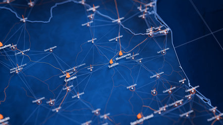 Saltillo map big data visualization. Futuristic map infographic of city in Mexico. Visual map data...