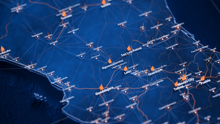 Aguascalientes map big data visualization. Futuristic map infographic of city in Mexico. Visual map data complexity in modern blue and orange colorsの写真素材