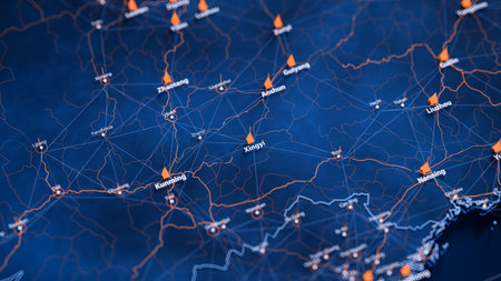 Xingyi map big data visualization. Futuristic map infographic of city in China. Visual map data complexity in modern blue and orange colorsの写真素材