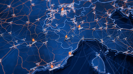 Turin map big data visualization. Futuristic map infographic of city in Italy. Visual map data complexity in modern blue and orange colorsの写真素材