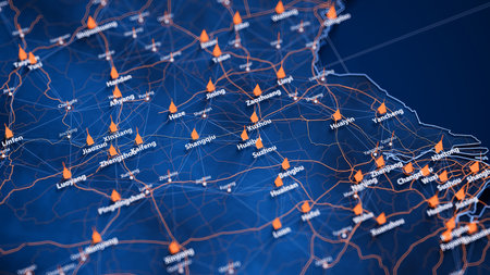 Huaibei map big data visualization. Futuristic map infographic of city in China. Visual map data...