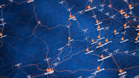 Linfen map big data visualization. Futuristic map infographic of city in China. Visual map data complexity in modern blue and orange colorsの写真素材