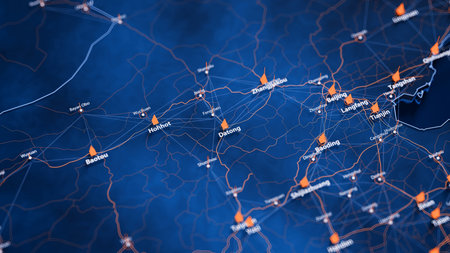 Datong map big data visualization. Futuristic map infographic of city in China. Visual map data complexity in modern blue and orange colorsの写真素材