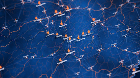 Zhuzhou map big data visualization. Futuristic map infographic of city in China. Visual map data complexity in modern blue and orange colorsの写真素材