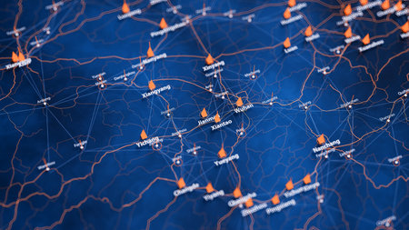 Jianmen map big data visualization. Futuristic map infographic of city in China. Visual map data...
