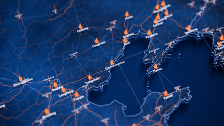 Qinhuangdao map big data visualization. Futuristic map infographic of city in China. Visual map data complexity in modern blue and orange colorsの写真素材