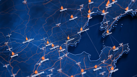 Tangshan map big data visualization. Futuristic map infographic of city in China. Visual map data...