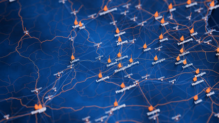 Jiaozuo map big data visualization. Futuristic map infographic of city in China. Visual map data complexity in modern blue and orange colorsの写真素材