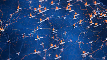 Xinyang map big data visualization. Futuristic map infographic of city in China. Visual map data complexity in modern blue and orange colorsの写真素材